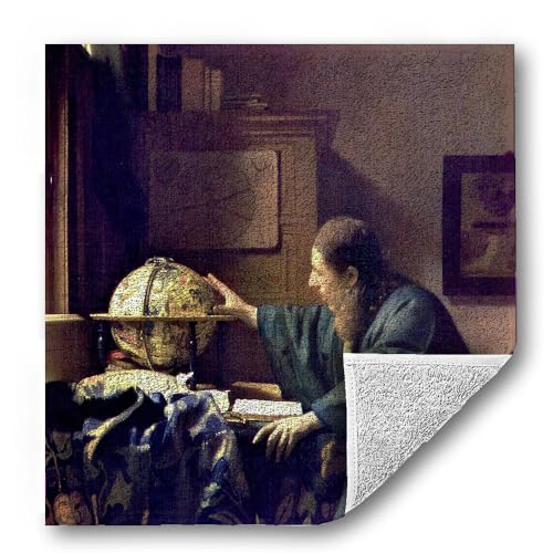 ハンドタオル 【世界の名画】 フェルメール ハンカチ ソフト 吸水力 汗 ☆バロック☆ 陰影 光と影 art 絵画 芸術 名画 お洒落 スポーツ 登山旅行 肌触り ポリエステル素材(25×25cm, 天文学者)