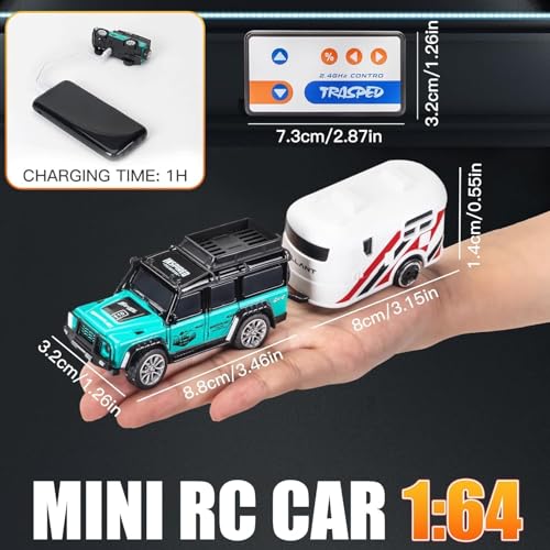 Image of PLUSPOINT 1:64 Mini RC Off-Road Car with Camper Van LED Lights 2.4GHz Off-Road Remote Control Car | 3 Speed Adjustable, USB Rechargeable Alloy RC Car for Kids & Adults Indoor /Outdoor Racing