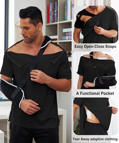 Deyeek Men's Post Shoulder Surgery Shirts Recovery Tear Away Short Sleeve Full Open Side Snap Adaptive Chemo Clothing2