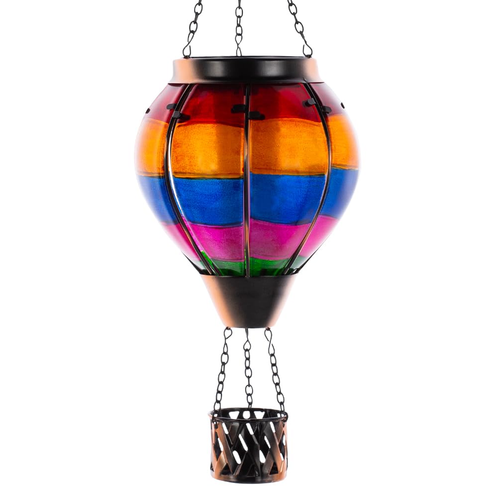 Unique Hot Air Balloon Solar Lantern with Flickering Flame, Handmade Glass Hanging Outdoor Lantern Waterproof Lantern Lamp for Patio, Garden, Porch