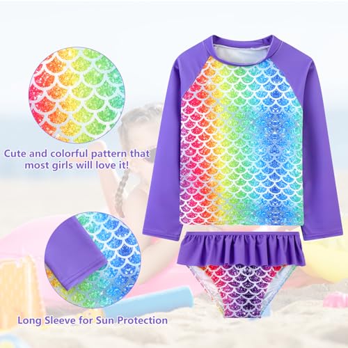 Image of DAXIANG Girls Rash Guard Swimsuit Long Sleeve Swim Shirt 3 Piece Tankini Bathing Suit with Bottom for Kid Toddler 3-12 Years