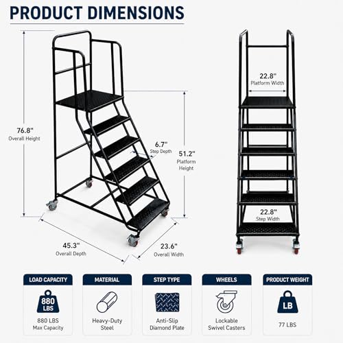 Image of 6 Step Rolling Ladder with Handrails, 880 lbs Capacity Heavy Duty Steel Mobile Warehouse Ladder with Locking Wheels, Non-Slip Rolling Stairs with Large Platform for Garage, Stockroom, Library