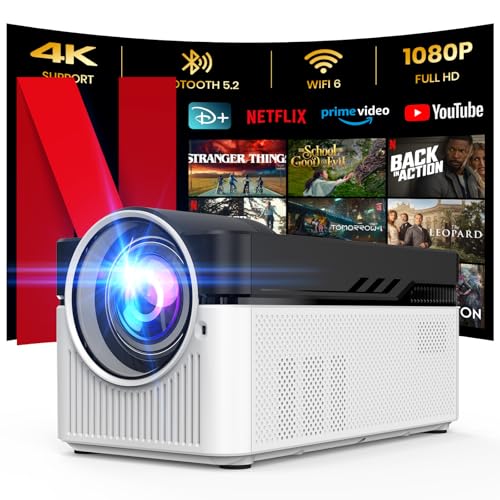 [Netflix Ufficiale & 750 ANSI] 4K Proiettore 350'' Schermo (Max) - 50'' con Wifi 6 e Bluetooth 1080P Nativo, One-Click Use Netflix/YouTube/PrimeVideo/D+ integrate, Proiettore per Home Cinema, Bianco