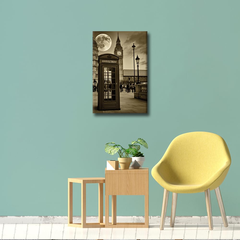 Black and White London The Big Ben Canvas Wall Art England Cityscape Painting Moon and A Phone Booth Pictures for Living Room Framed Stretched Ready to Hang 24x16 inch - Image 4
