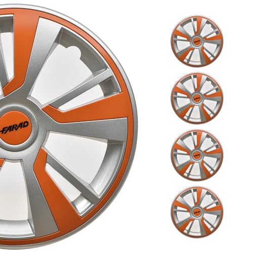 OMAC - Gray with Orange Hub Caps 15 Inch Set of 4, Tapas para Rines 15, Premium Wheel Covers 15 Inch, R15 Rim Cover Set, Snap On Durable Car Replacement Exterior Accessories
