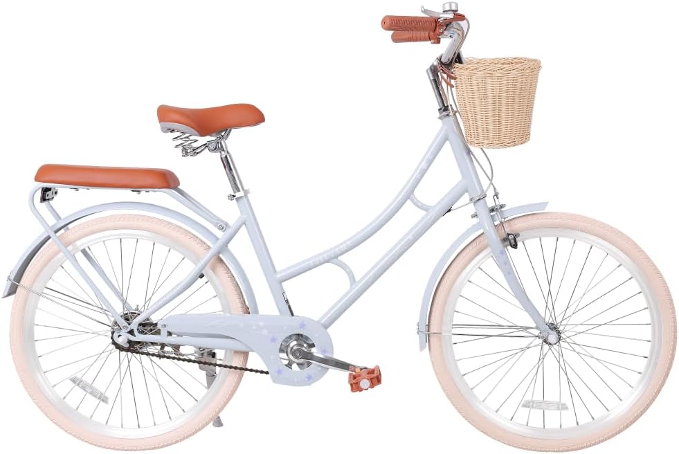 24 Inch Beach Cruiser Bike for, Commuter Bicycle with Front Basket, High Carbon Steel Frame, Comfortable City Bike for Outdoor Riding