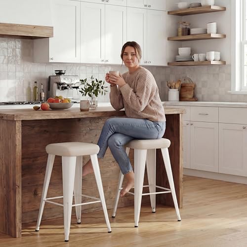Image of Yongchuang Backless Bar Stools Set of 4, 24 inch Farmhouse PU Leather Barstools | Upholstered Counter Height Stools with Metal Legs, Modern Rustic Kitchen Island Dining Counter Stools Off-White