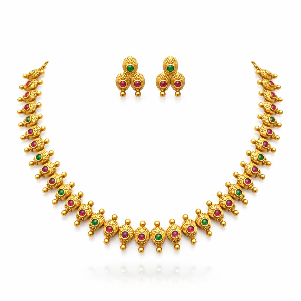 Gold Matte Finish Bridal Necklace & Earrings Set – Wedding Special Jewelry (Ruby Red & Green)