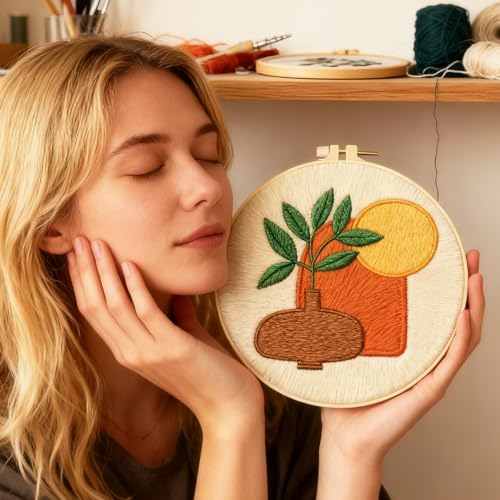 Image of BEUNITONE 6 Set Bohemian Starter Embroidery Kit with Pre-Stamped Pattern | Needlepoint Craft Kits with Embroidery Hoops, Complete DIY Handmade Embroidery Set for Home Decor and Festival Gifts 20x20cm