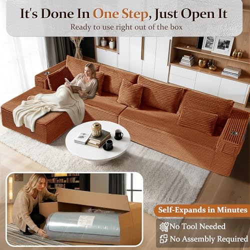 Image of 138 inch Cloud Sectional Couch, Comfort L Shaped Boneless Couch for Living Room, Extra Deep Seats No Assembly, Minimalist Modular Sofa, Corduroy (Deep Orange, 3 Seater+Right Facing Chaise)