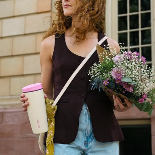 Image of Owala SmoothSip Slider Stainless Steel Insulated Travel Mug, 100% Leak Proof, For Hot and Cold Drinks, Travel Friendly with Sliding Lock Lid, 24 oz, BPA Free, Leak Proof, Pink /Tan (Daybreak)