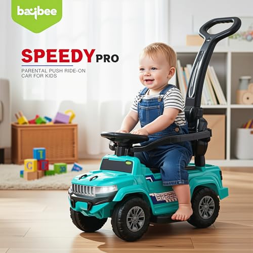 Image of Baybee Speedy Pro Baby Ride on Car for Kids with Parental Handle | Portable Kids Car with LED Lights, Music, Backrest & Basket | Toy Rideons Jeep | Toddler Push Baby Cars for 1 to 3 Years (Green)