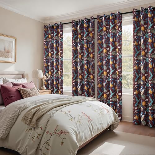 Image of Topfinel Rust Boho Floral Curtains 90 Inches Long 2 Panels Unique Luxury Elegant Colorful Euro Flower Hummingbird Patterned Rustic Vintage Grommet Drapes for Classroom Room Office Closet