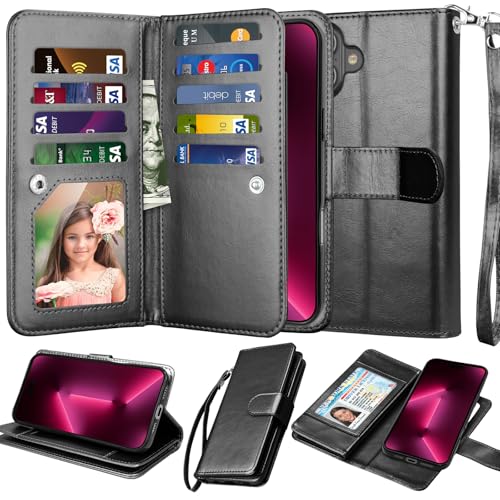 NJJEX Compatible with iPhone 16 Plus Wallet Case, 9 Card Slots Black