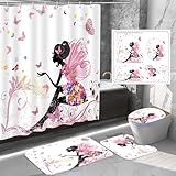 Amagical Flower Fairy Girl with Butterfly 16 Piece Bathroom Mat Set Shower Curtain Set Bathroom Mat Contour Mat Toilet Cover Fabric Waterproof Bathroom Curtain with 12 Hooks (Flower Fairy Girl)