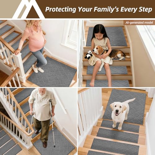 Image of COSY HOMEER Stair Landing Rugs Non-Slip Corner Indoor Edging Stair Treads for Wooden Steps,Washable Soft Stair Landing Mat for Kids,Elder and Dogs,Polyester,TPE Backing,Medium Grey,30x30inch