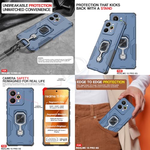 Image of AESTMO Armor Back Cover for Realme 15 Pro 5G | Ring Holder & Kickstand & Camera Protection in-Built | 360 Degree Protection Back Case Cover (Blue)