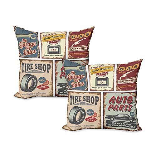 Lunarable 1950S Decorative Throw Pillow Case Pack Of 2, Vintage Car Signs Automobile Advertising Repair Vehicle Garage Classics Servicing, Couch Bedroom Living Room Cushion Cover, 24", Burgundy #TOP7