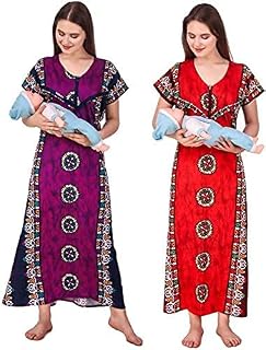 OVIDA Women's Cotton Printed Maxi, Maternity Nightgown, Nighty Combo Pack of 2, Size:-XL, Color:-Fals-Red Price In India