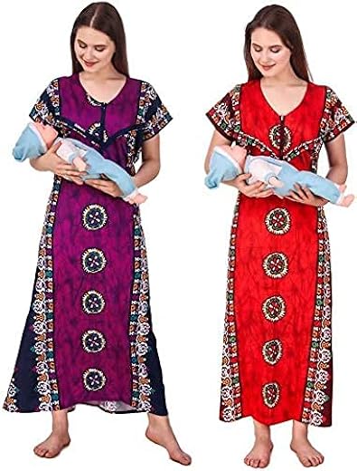 OVIDA Women's Cotton Printed Maxi, Maternity Nightgown, Nighty Combo Pack of 2, Size:-L, Color:-Fals-Red
