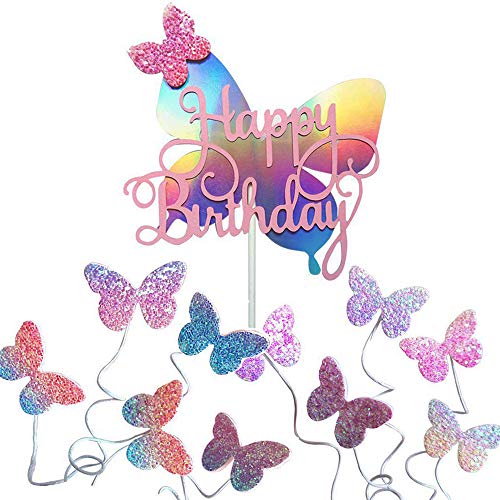 11Pcs Sequins Butterfly Cake Toppers Birthday Cake Decoration Glitter Rainbow Baby Shower Cupcake Toppers Party Supplies #TOP1