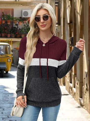 MixShe Women’s Color Block Knit Hoodie – Casual Long Sleeve Pullover Sweater Tops with Pocket