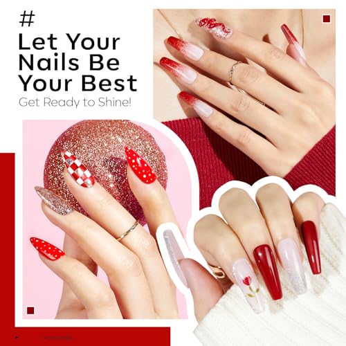 modelones Gel Nail Polish Kit -6 Colors Red Gel Polish Set Valentine's Day Burgundy Glitter Sparkle Bloody Soak Off Gel Nail Kit Manicure DIY Nail Art Salon Home Gift