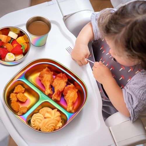 Image of Happy Hues Stainless Steel Divided Meal Plate Tray-3 Compartments Dinner Dish for Baby (Rainbow)