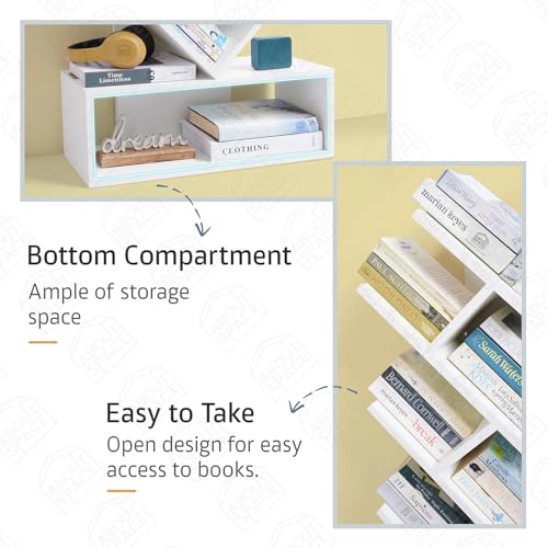 Image of ABOUT SPACE Book Shelf for Home - 11 Tier Tree Shaped Book Rack for Study Room DIY Wooden Book Stand with Bottom Storage Space for Office, Livingroom, Bedroom (White - L 57 x B 21.5 x H 109 cm)