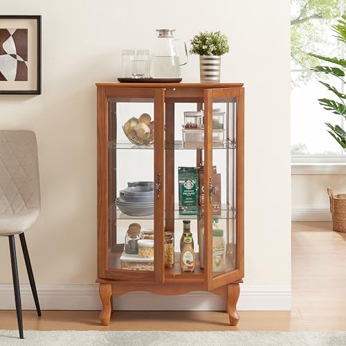 Image of 43 inch H Lighted Curio Cabinet Display Case with Light Bulb, Glass Curio Cabinet with Adjustable Shelves & Tempered Glass Door, Wooden Cabinets w /Mirrored Back Pane for Living Room(Oak)