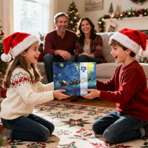 Rompecabezas Navideño de 500 piezas para adultos, Trineo de Santa y renos, 21 x 15 pulgadas con escena nocturna estrellada miniatura 6