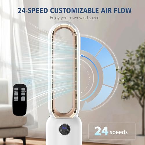 Image of Bladeless Tower Fan for Bedroom, Powerful 26ft /s Airflow, 24 Speeds, 90 Oscillation, 12H Timer, Standing Fans with Remote, Quiet Bladeless Cooling Fan for Home Office Room, White Gold