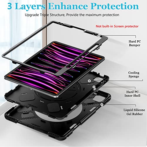 Ipad Pro 12.9 Case 2022 6Th Generation/2021 5Th Gen: Military Grade Silicone Protective Cover For Ipad 12.9 2020 Inch 4Th Gen W/Pencil Holder - Stand - Handle - Shoulder Strap Black #TOP5