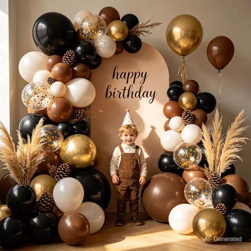 Image of Brown Black Balloon Arch Kit, Sand White Gold Black Tan Balloons Dark Brown Beige Gold with Confetti Balloons Garland for Wild Western Cowboy Country Birthday First Rodeo Party Decoration