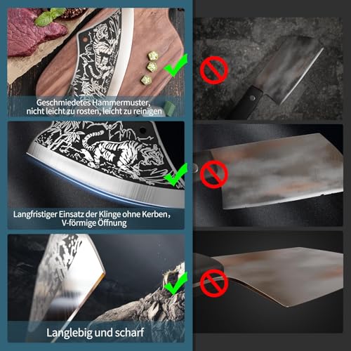 iPatio Japanisches Messer Küchenmesser Profi Messers, Original Japanisches Kochmesser im Damaststahl, Hackmesser Ausbeinmesser mit Lederscheide, Küchenmesser Outdoor Messer für Küchen Camping BBQ