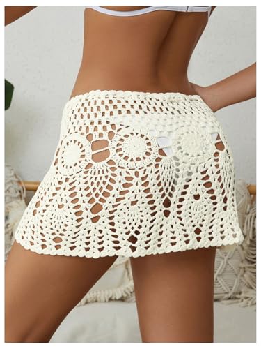 MakeMeChic Women's Crochet Cover Up Skirt High Waist Drawstring Knit Swimsuits Boho Swim Skirts2