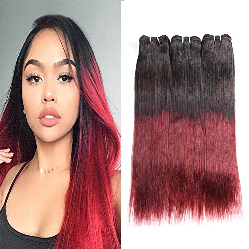 Huarisi Straight Brazilian Hair Extensions Ombre Unprocessed Virgin Human Hair Natural Black to Burgundy Weave Hair Pieces 16 18 20 Inches
