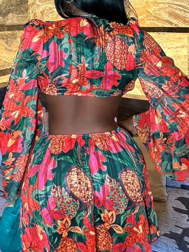 Women's Sexy Summer Tropical Mini Dress Y2K Deep V Cut Out Dresses Long Bell Sleeve Vacation Tie Front Sundress3