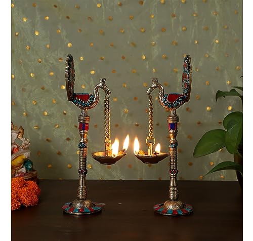 Image of Two Moustaches Gemstone Work Peacock Design 9 Inches Brass Hanging Diya Pair, Brass Diyas for Decoration, Brass Oil Lamp, Brass Diya for Puja, Standard, Pack of 2