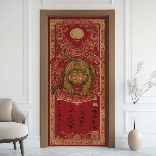 Tigre Faune Sticker Mural, Style Chinois Oriental Autocollants De Porte Muraux Décoration Poster Murale, Ethnique Asiatique Stickers de Porte Imperméable...