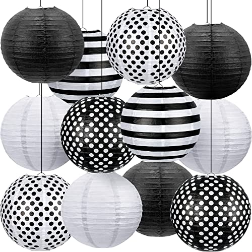 Hortsun 12 Pcs 12 Inch Black and White Paper Lanterns Black Striped Hanging Paper Lanterns Back to Japanese Chinese Lanterns First Day of Paper Lantern Lamps for Home Decor