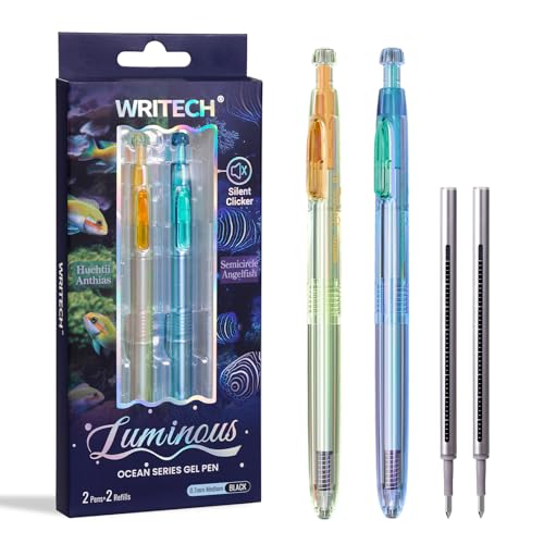 Image of WRITECH Gel Pens Medium Point: Luminous pen set 0.7mm Black Ink Includes 2 Pens and 2 Refills Silent Clicker Smooth Writing for School Office & Everyday Use