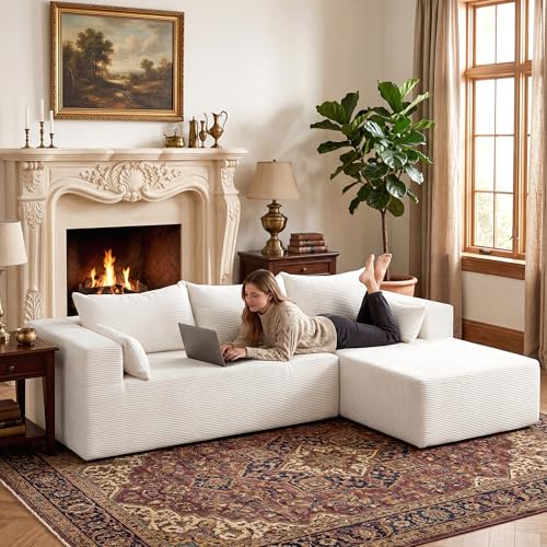 Image of 106 inch Cloud Sectional Boneless Couches for Living Room, Modular L Shaped Couch with Deep Seat Oversized Right Facing Chaise, Memory Foam Compressed Spineless 3 Seater Sofa for Apartment, Beige