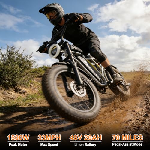 Electric Bike for Adults,1500W Peak Motor&33MPH Electric Dirt Bike，48V 20AH Battery, 70Max Miles,Dual Suspension Ebikes  - Additional View