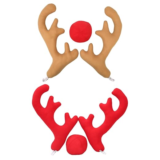 KARFRI Christmas Antler Car Decorations, Reindeer Antlers & Nose Kit with Plush Rudolf Auto Reindeer, Perfect for Trucks, SUVs, and Festive Vehicle Decor