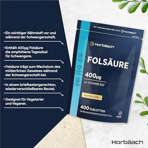 Folsäure 400 µg Tabletten | 1 Jahr Vorrat - 400 Vegane Tabletten | Optimal Vitamin B9 mit Vitamin B12 | von Horbaach