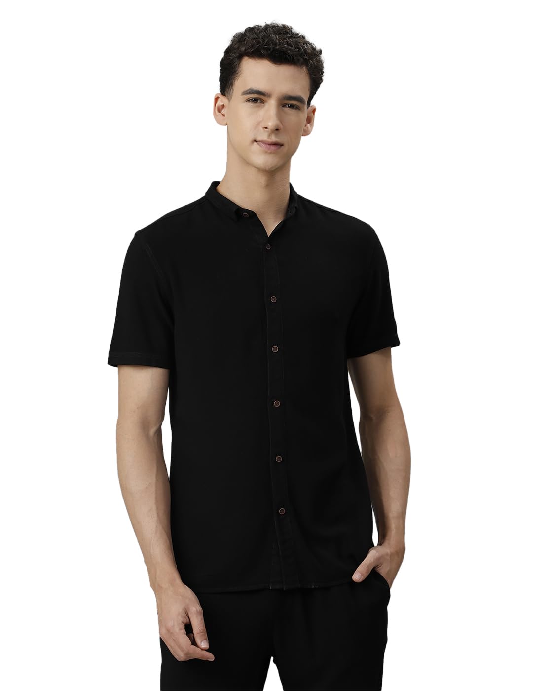 Men Slim Fit Short Collar Solid Black Shirt