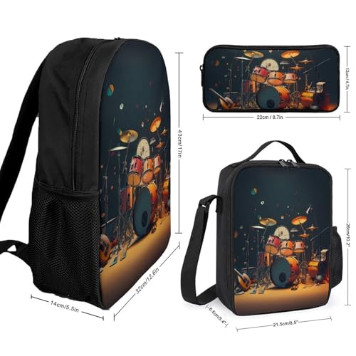 Music Drum Guitar Backpack Adjustable Shoulder Daypack Laptop Bag with Lunch Box and Pencil Case 3 in 1 Set2