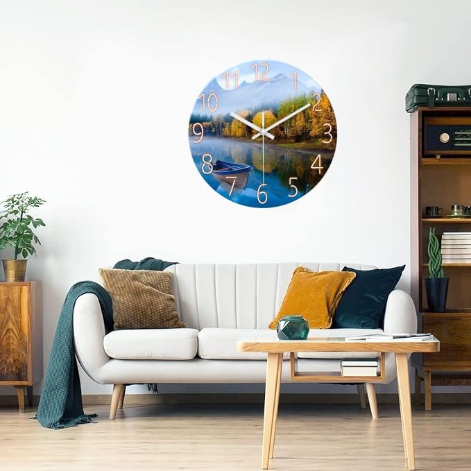 Image of XFM Large Natural Landscape Glass Wall Clock 20 Inch | Silent Non-Ticking Battery Operated Modern Nature Lake Boat Decorative for Living Room Kitchen Bedroom Office