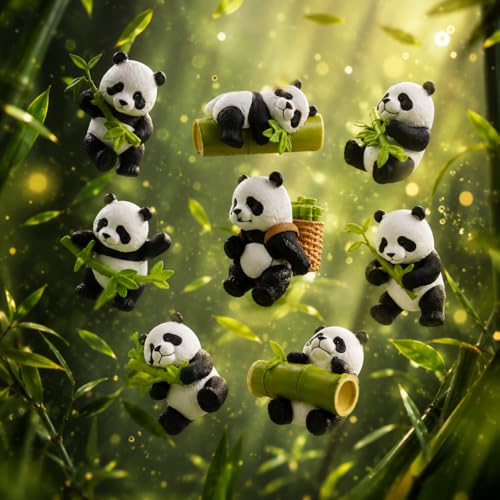 Image of Cute Panda Miniature Figurines Set of 8 for Home Decor | Kawaii Pandas Showpieces with Bamboo | Animal Statues for Desk, Car Dashboard, Shelf Decoration for Girlfriend,Kids (8 Cute Panda)